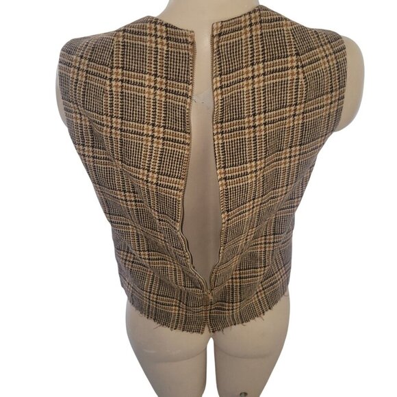 Vintage Plaid Wool Two-Piece Jacket Sleeveless Top Brown/Beige Checkered Women S - Picture 8 of 10